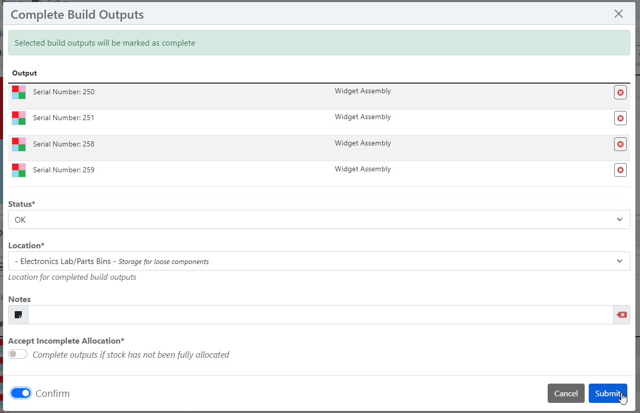 /inventree/InvenTree/raw/commit/b5d054e9c95d76985ae1d9a35abe7cd8e0b18102/docs/docs/assets/images/build/build_example_complete_outputs.png